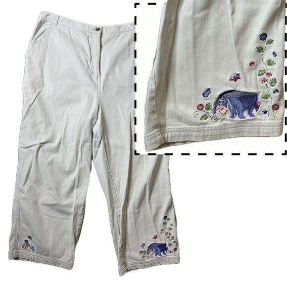 Winnie the Pooh Eeyore Disney Store Vtg Cropped Pants Embroidered Flowers Sz XL - Picture 1 of 8